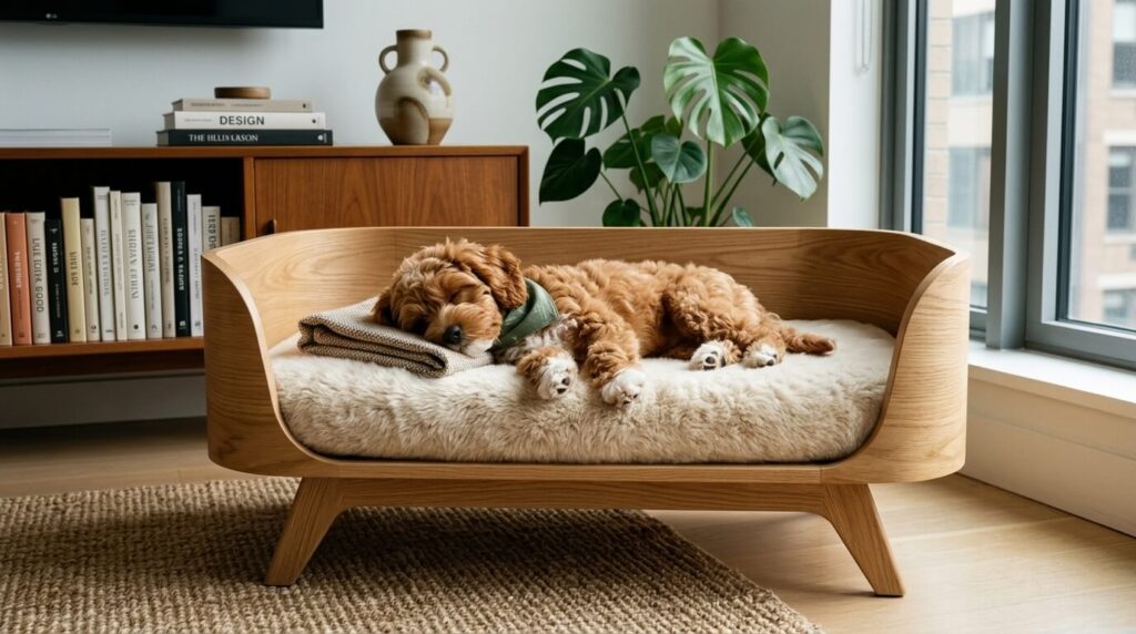 A Cavapoo puppy sleeping on a stylish mid-century bed representing the best small apartment dog beds