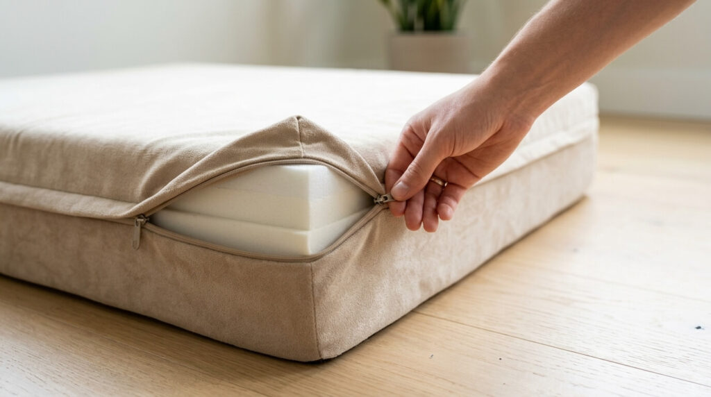 Unzipping a washable cover which is a mandatory feature for small apartment dog beds