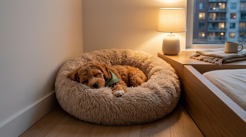 A cozy calming donut bed tucked into a corner showing great space-saving small apartment dog beds