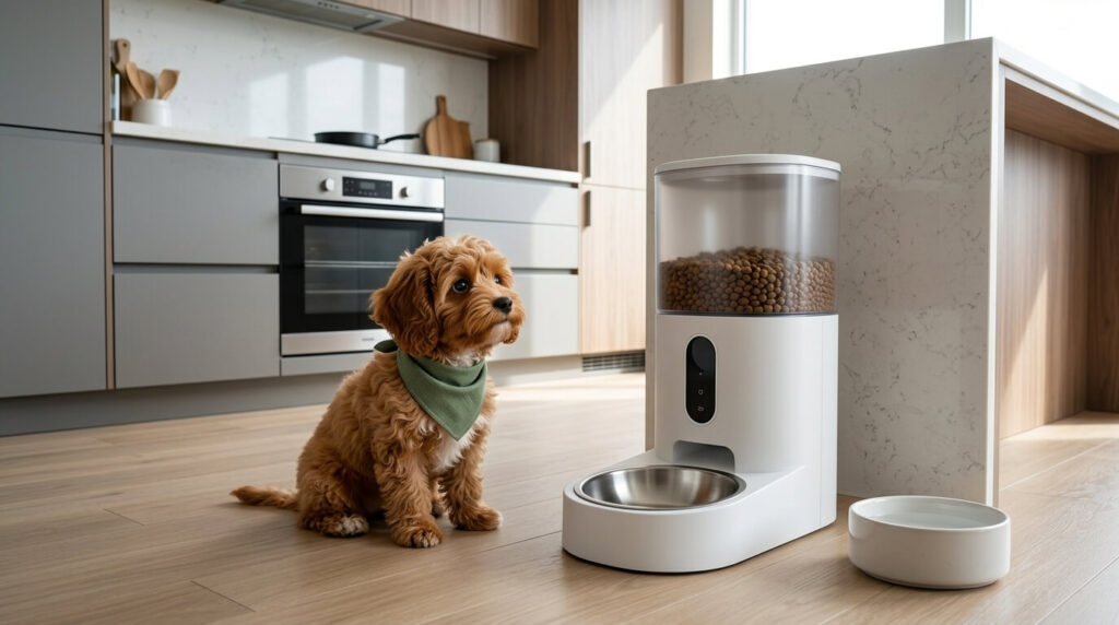 A Cavapoo puppy waiting by a smart device representing the best automatic dog feeders for working owners