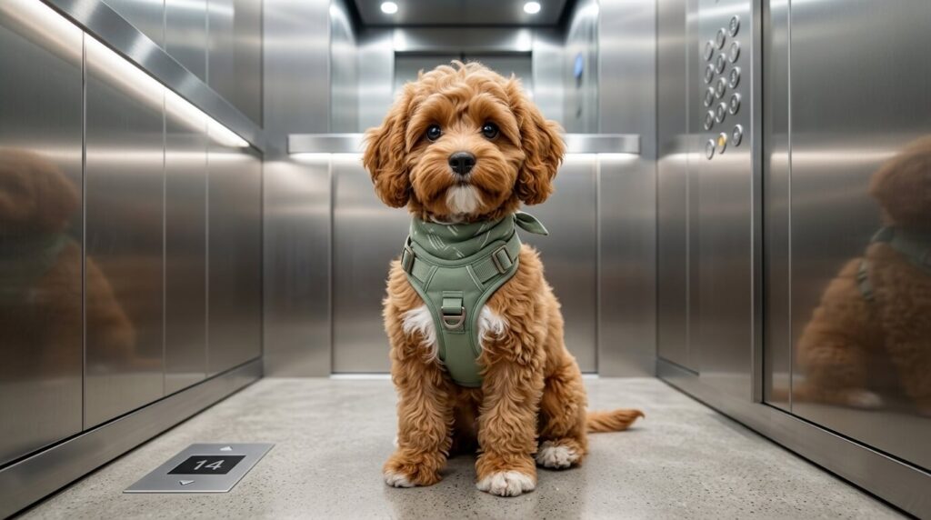 A Cavapoo puppy wearing one of the best dog harnesses sitting patiently in an apartment elevator