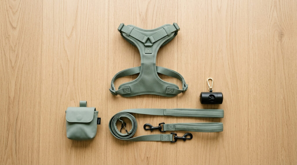 A flat-lay of premium walking gear representing the best dog harnesses for apartment dwellers