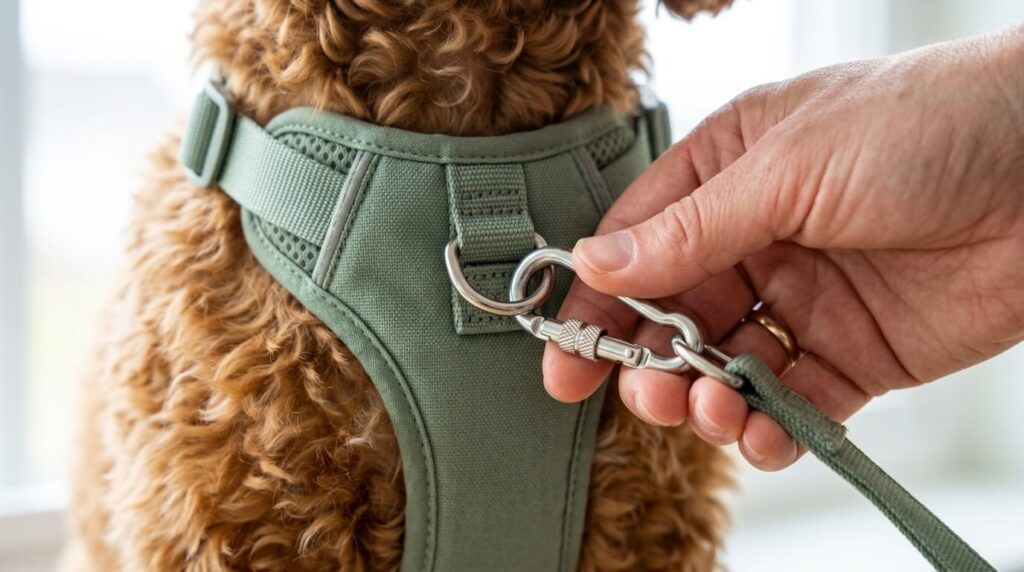 Clipping a leash to the front D-ring on the best dog harnesses to prevent pulling in hallways