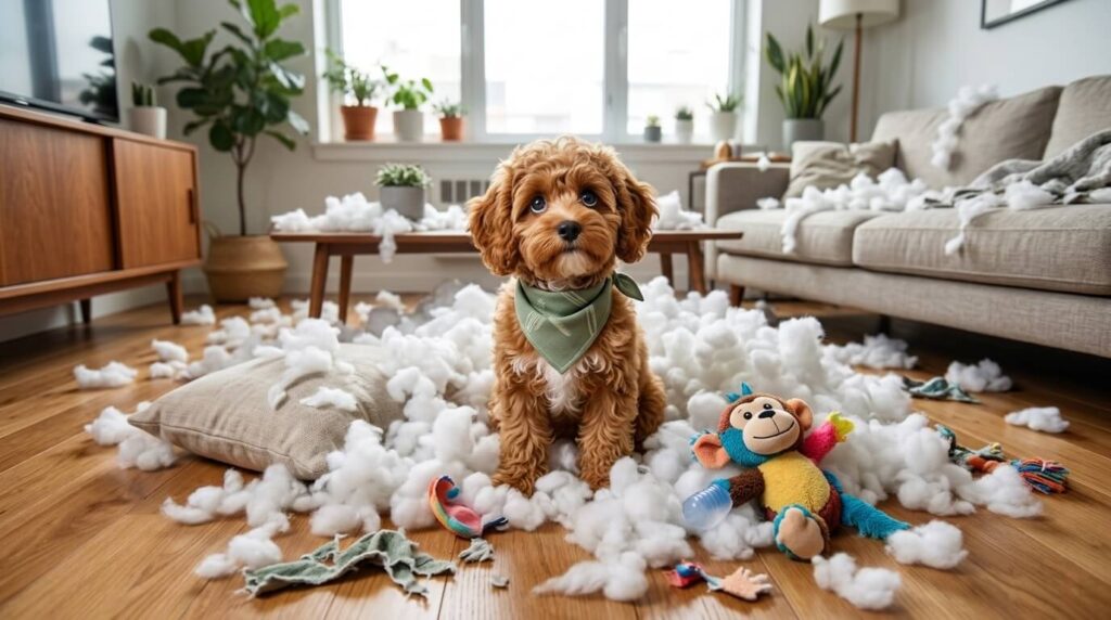 A Cavapoo puppy sitting in destroyed plush toy stuffing showing the need for indestructible dog toys for apartments