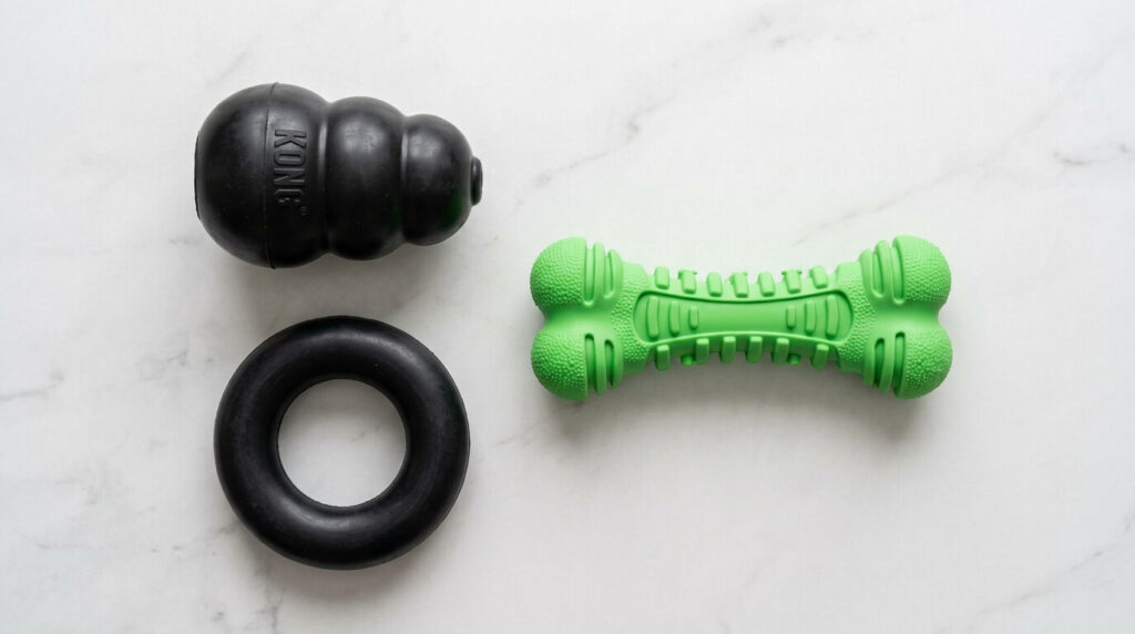 A flat-lay of heavy-duty natural rubber options representing the best indestructible dog toys for apartments
