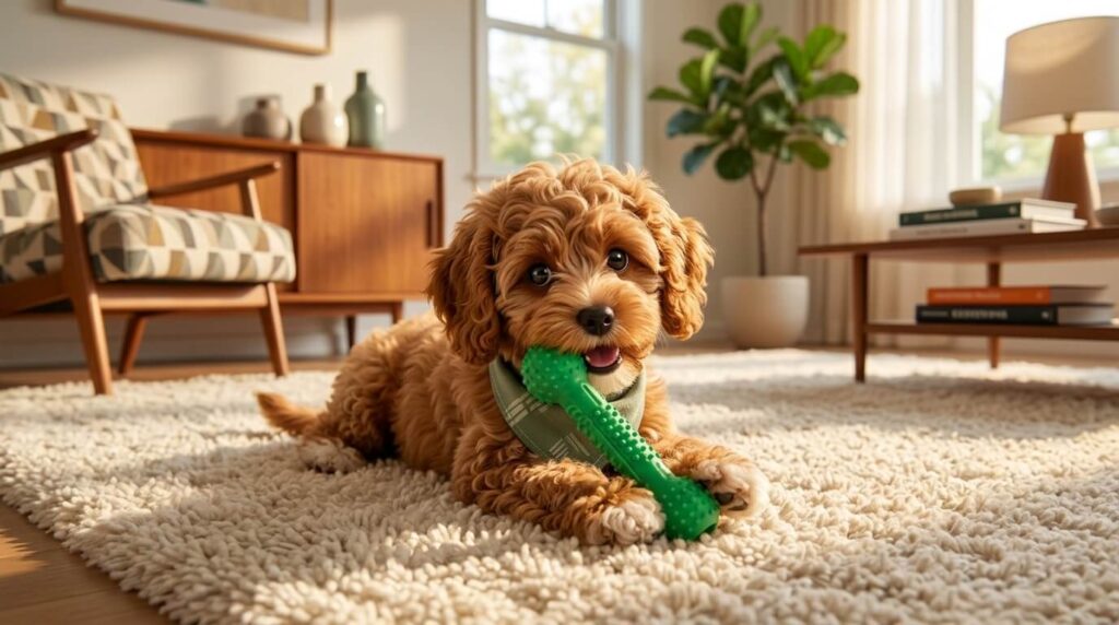 A dog safely chewing a rubber toy avoiding a choking hazard with indestructible dog toys for apartments