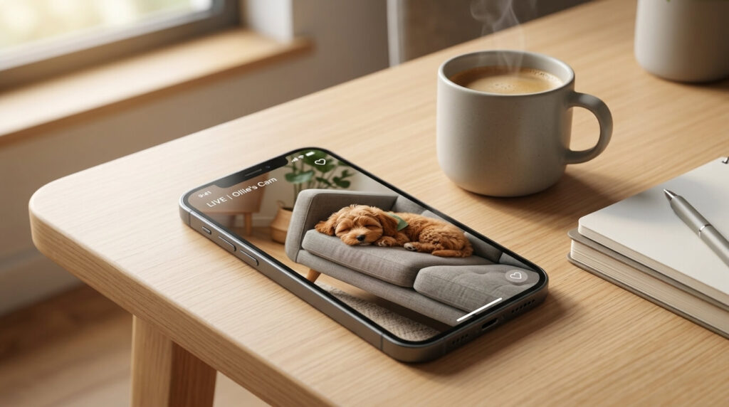 Checking a smartphone feed from the best pet camera for dogs to monitor a sleeping puppy