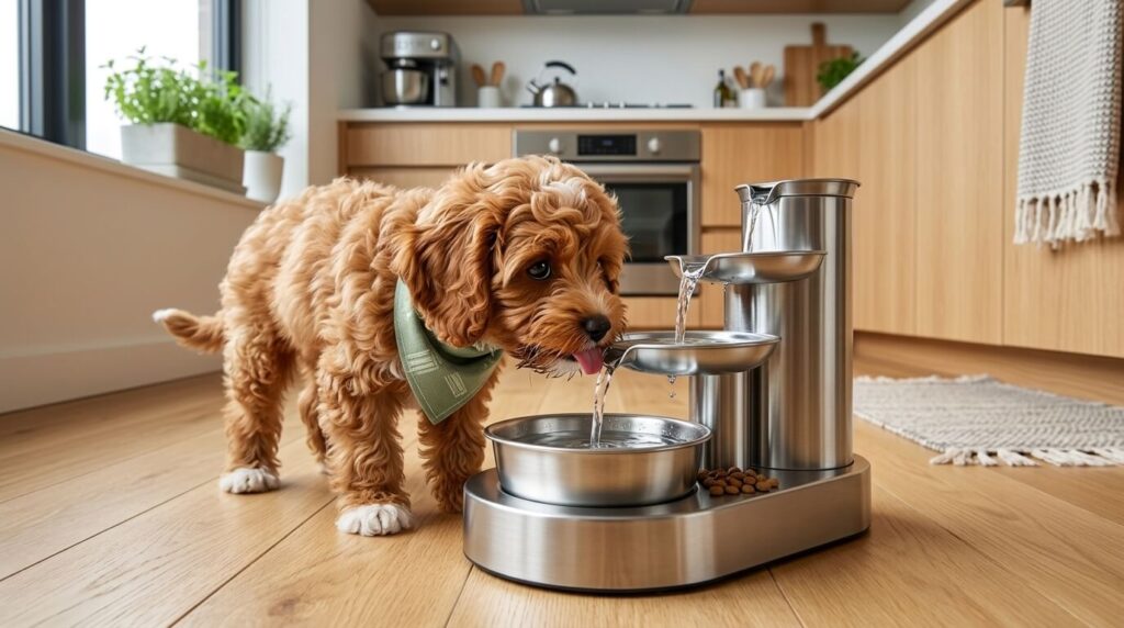A Cavapoo puppy drinking fresh water representing the best dog water fountain