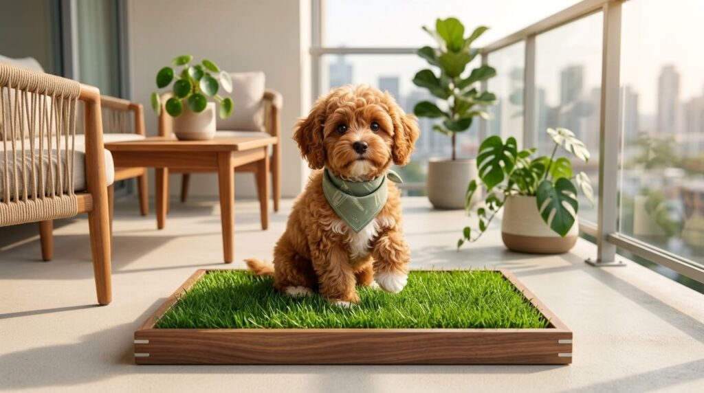 A Cavapoo puppy using a real grass patch rated as the best indoor dog potty