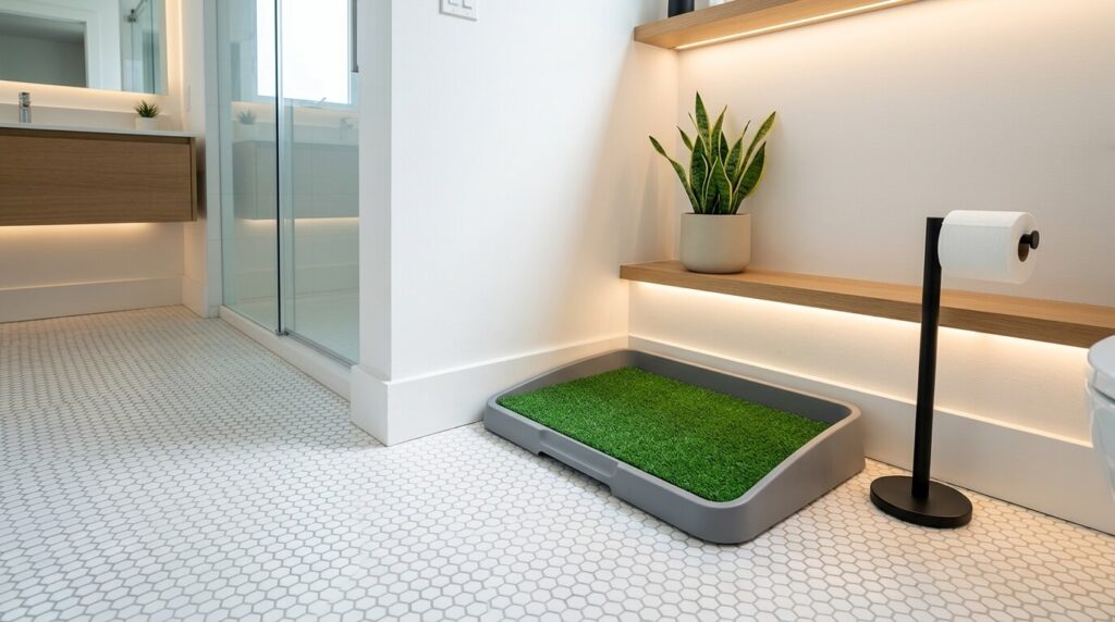 A clean apartment bathroom setup featuring the best indoor dog potty solutions