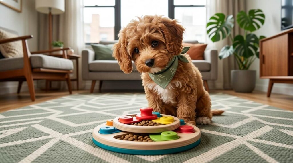 A Cavapoo puppy looking curiously at a colorful board game representing the best dog puzzle toys