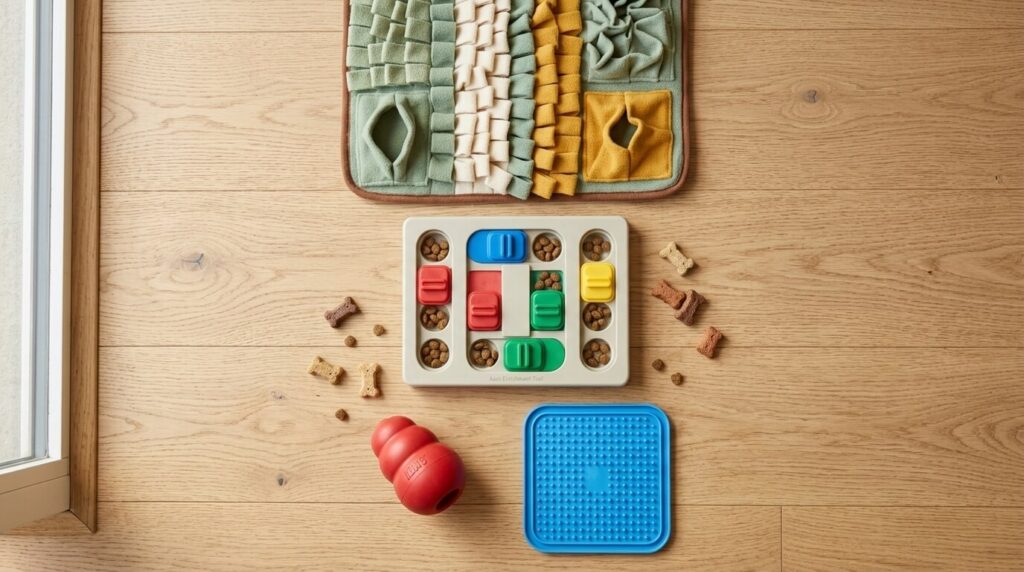 A flat-lay of premium foraging mats and interactive games ranked as the best dog puzzle toys