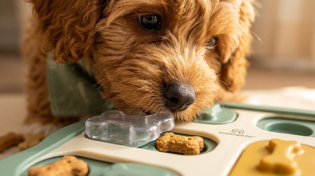 A dog using its nose to solve the best dog puzzle toys to cure indoor boredom