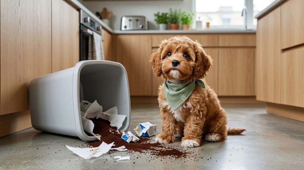 A Cavapoo sitting next to spilled garbage showing the urgent need for a dog proof trash can apartments
