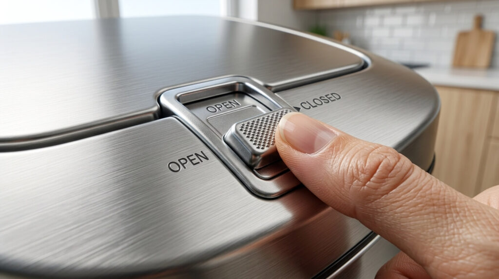A close up of a sliding lock mechanism on the best dog proof trash can apartments