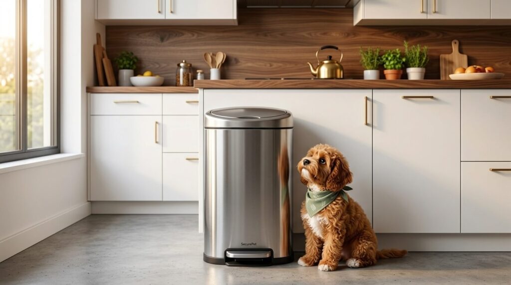 A sleek stainless steel bin securely locked making the perfect dog proof trash can apartments