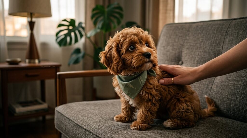 Comforting a nervous Cavapoo puppy showing why owners search for the best calming products for dogs