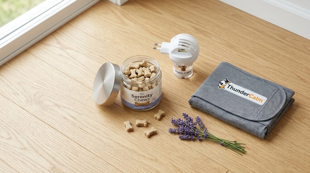 A flat-lay of premium chews and wraps representing the best calming products for dogs