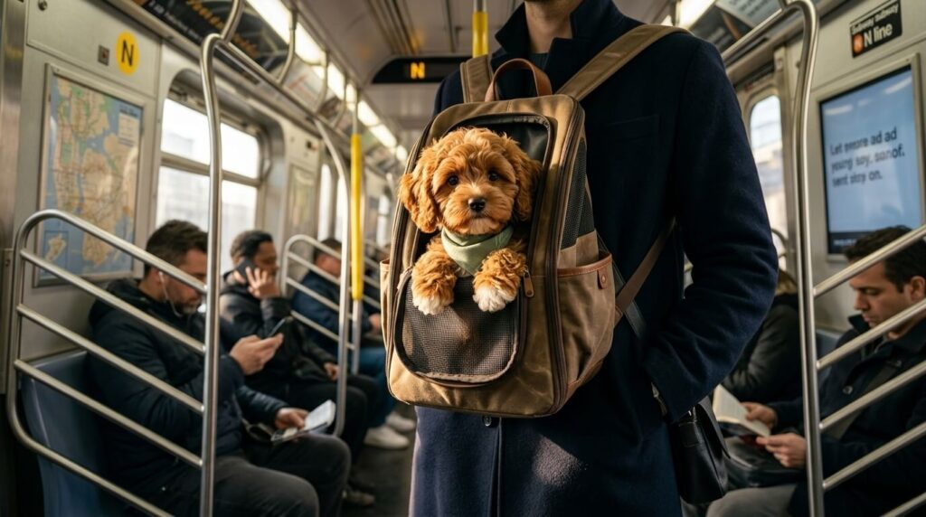 A Cavapoo puppy in a subway representing the best dog carriers public transit riders use