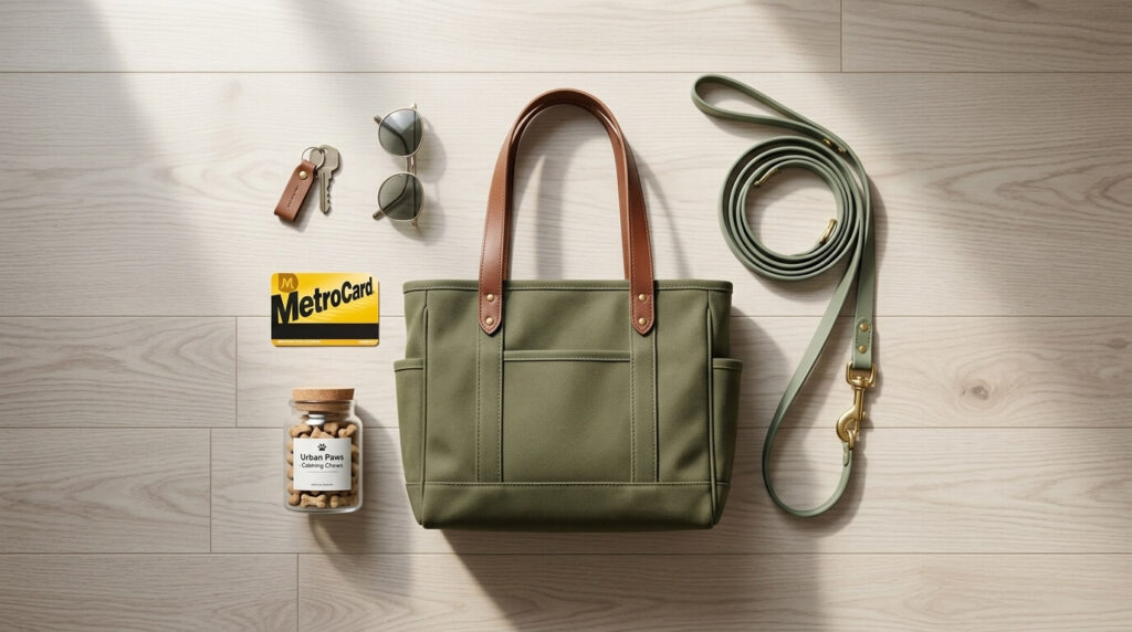 A flat-lay of a premium canvas tote rated among the best dog carriers public transit