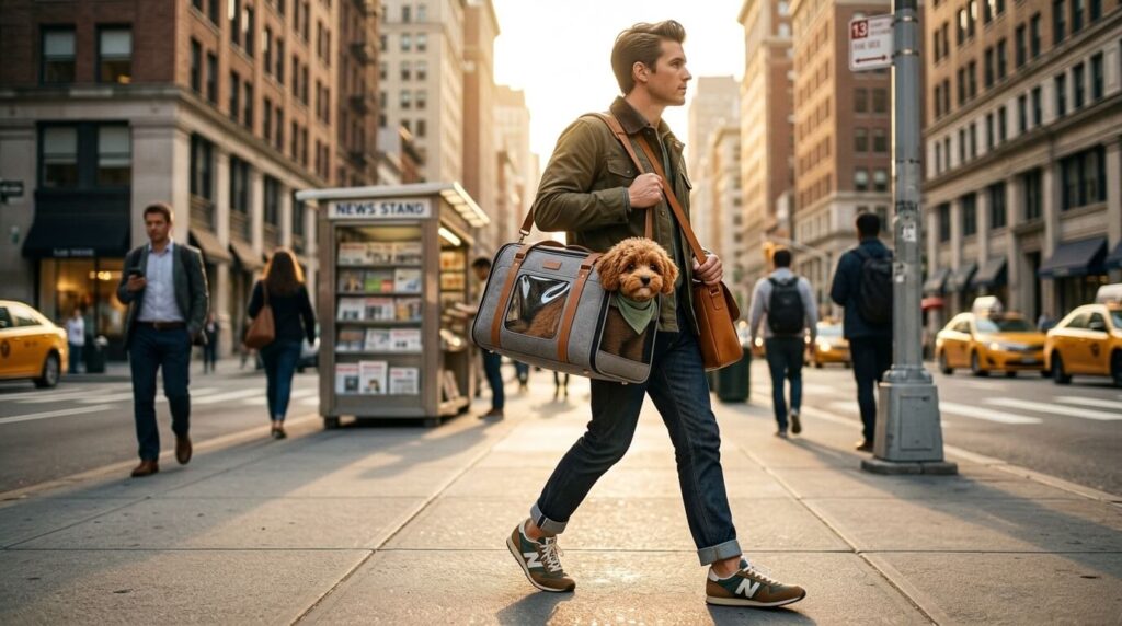 A stylish commuter using one of the best dog carriers public transit options for their puppy