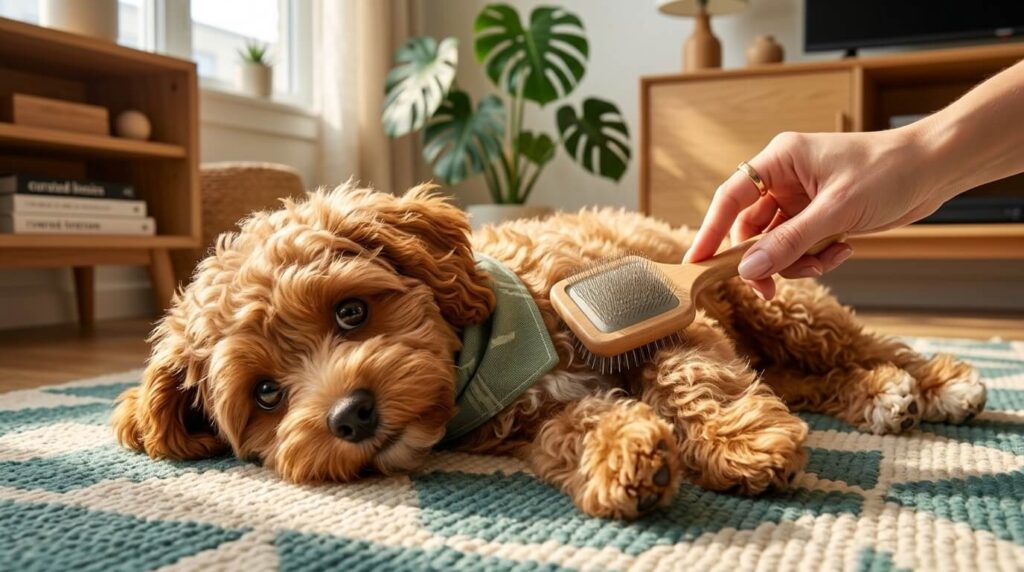 An owner gently brushing a Cavapoo puppy using the best home dog grooming tools
