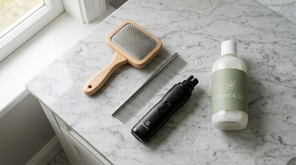 A flat-lay of a slicker brush, metal comb, and nail grinder representing the best home dog grooming tools