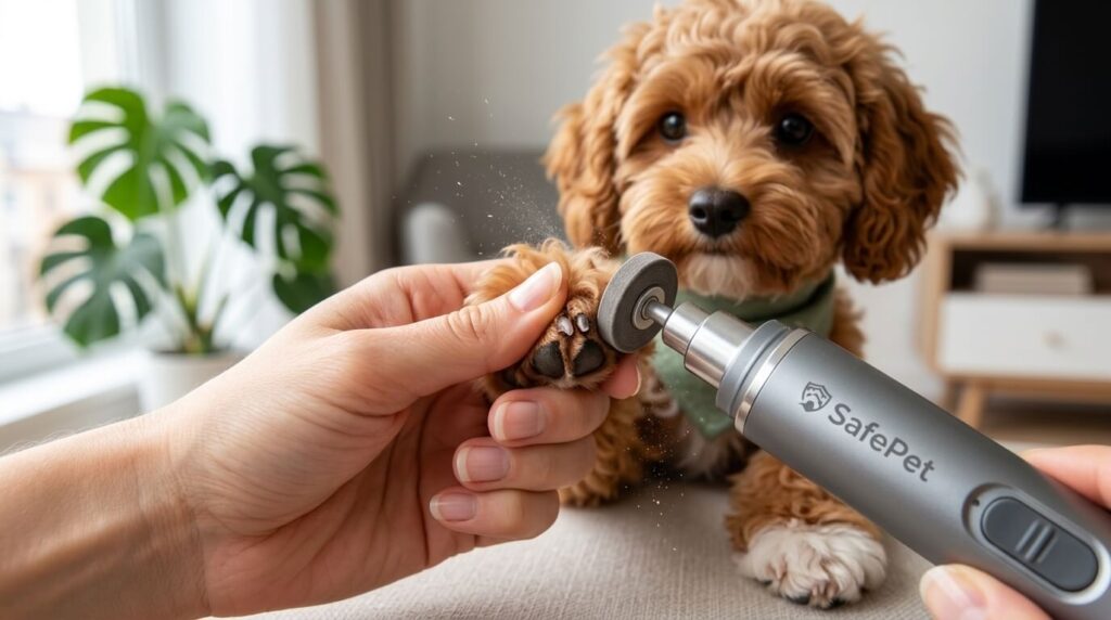 Safely filing a dog's nails using an electric grinder from a kit of the best home dog grooming tools