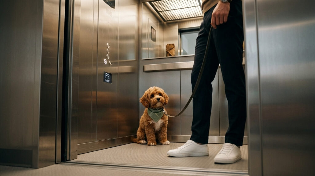 A polite Cavapoo sitting in the corner mastering dog elevator training
