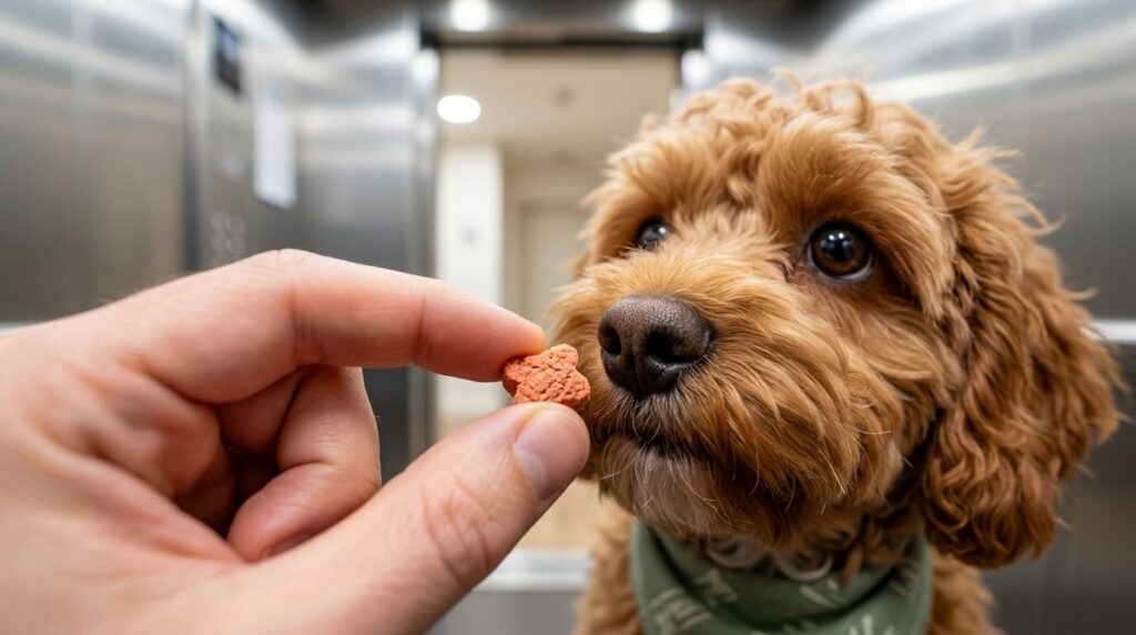 Using high-value treats to maintain focus during dog elevator training