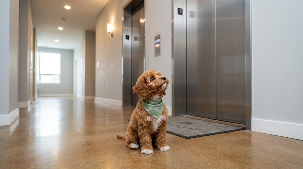 A dog waiting calmly in the hallway showing the results of successful dog elevator training