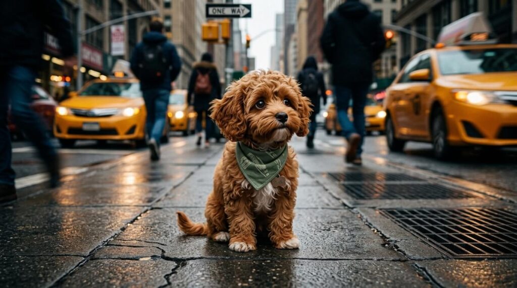 A scared Cavapoo puppy on a busy street exhibiting severe dog city noise anxiety
