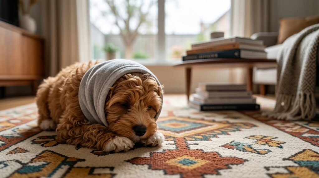 A dog wearing a calming snood indoors to help manage dog city noise anxiety