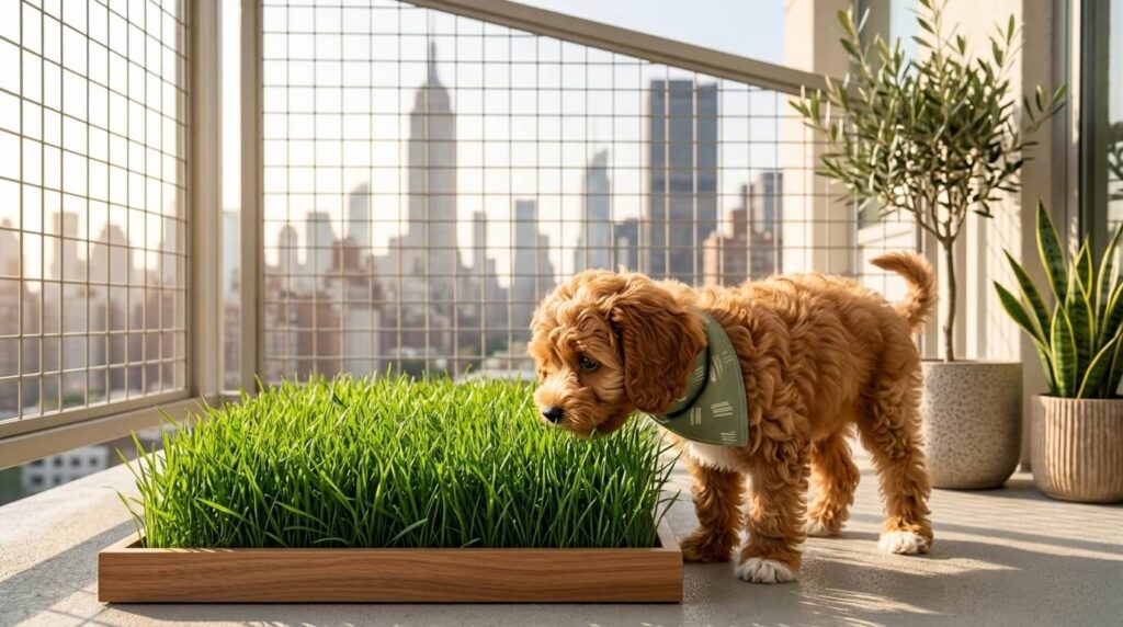 A Cavapoo puppy enjoying a fresh grass patch representing the best indoor dog porch potty