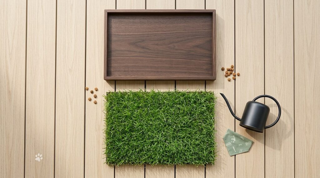 A sleek wooden tray and fresh grass roll for a high-end indoor dog porch potty setup