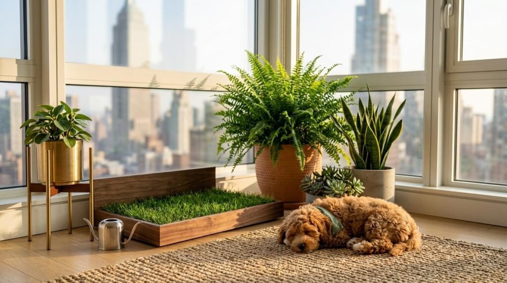 A beautifully styled apartment nature corner featuring dog safe plants and an indoor dog porch potty