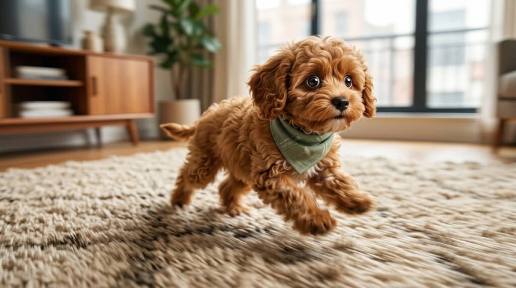A Cavapoo puppy sprinting across a rug exhibiting classic dog apartment zoomies