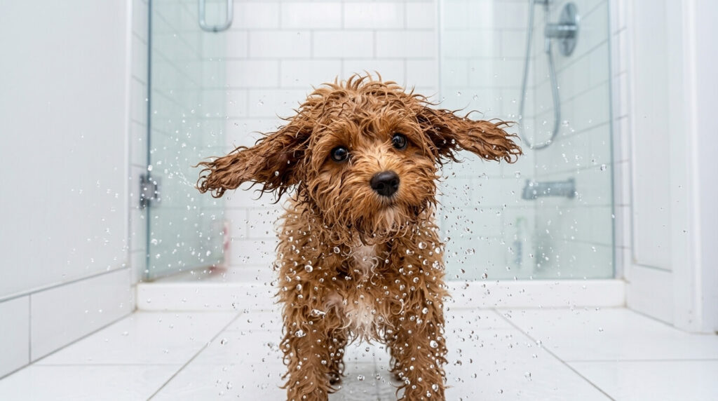 A wet puppy shaking off water which is a major physiological trigger for dog apartment zoomies