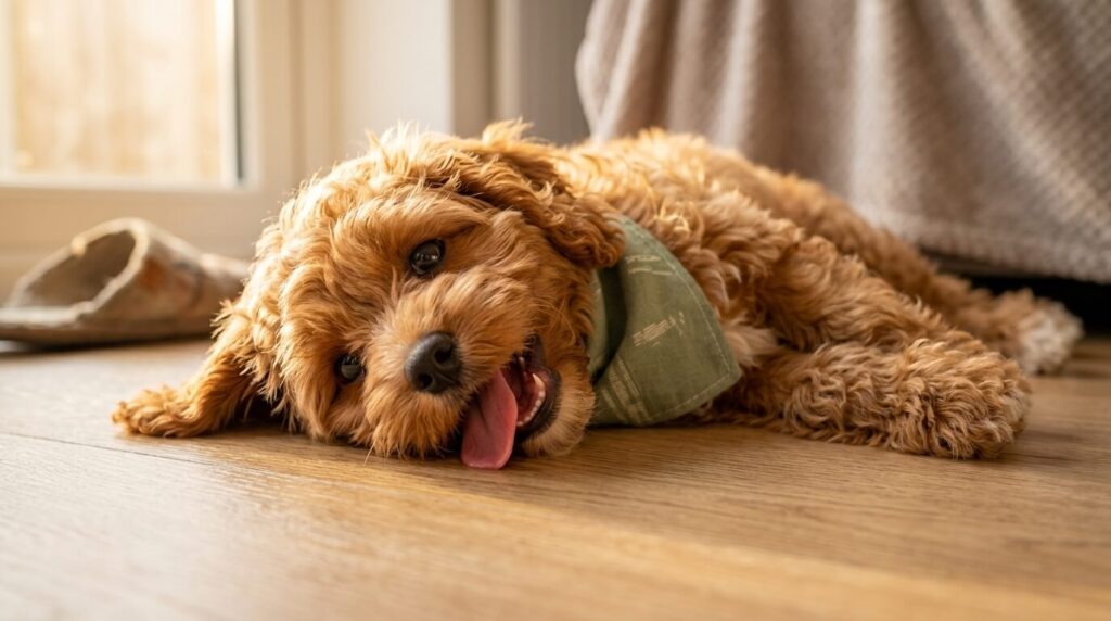A happily exhausted Cavapoo panting and resting after intense dog apartment zoomies
