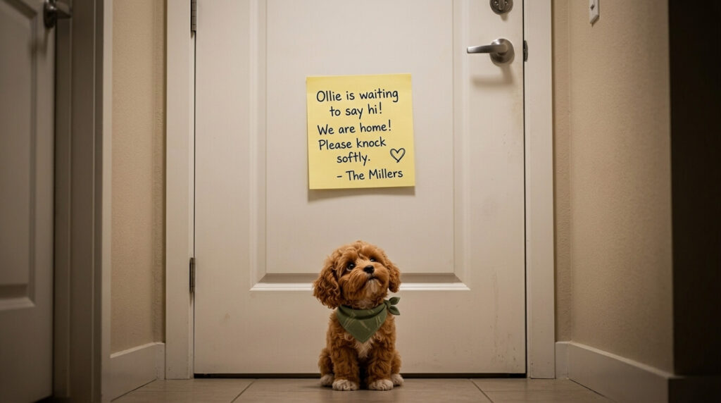  A sticky note on an apartment door showing the start of a stressful dog neighbor noise complaint