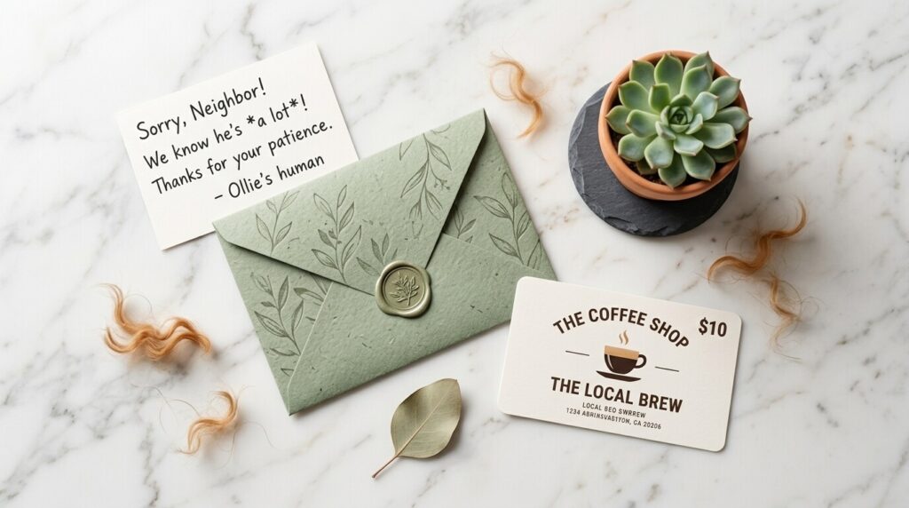 A handwritten apology note and gift card to de-escalate a dog neighbor noise complaint