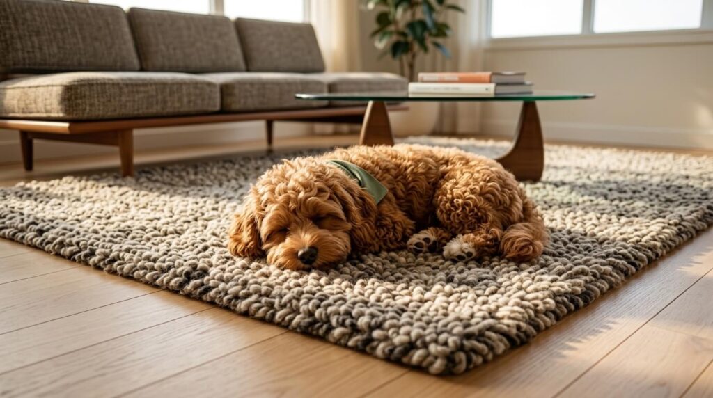 Using a thick acoustic rug to dampen sound and resolve a dog neighbor noise complaint