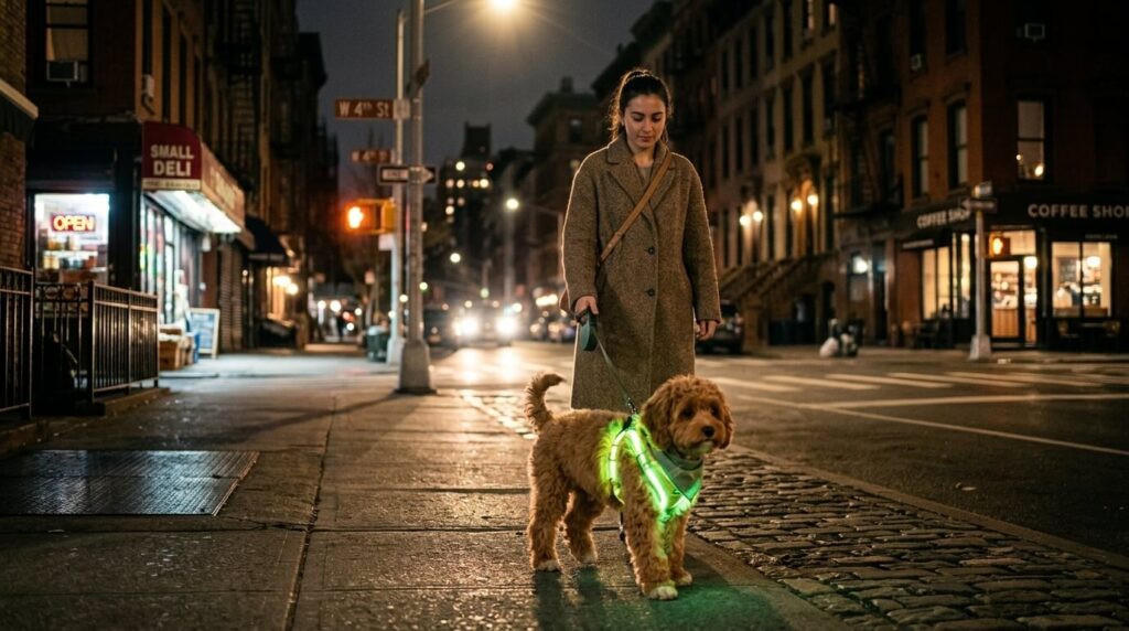 A solo owner walking a Cavapoo at night wearing reflective gear for single person dog safety