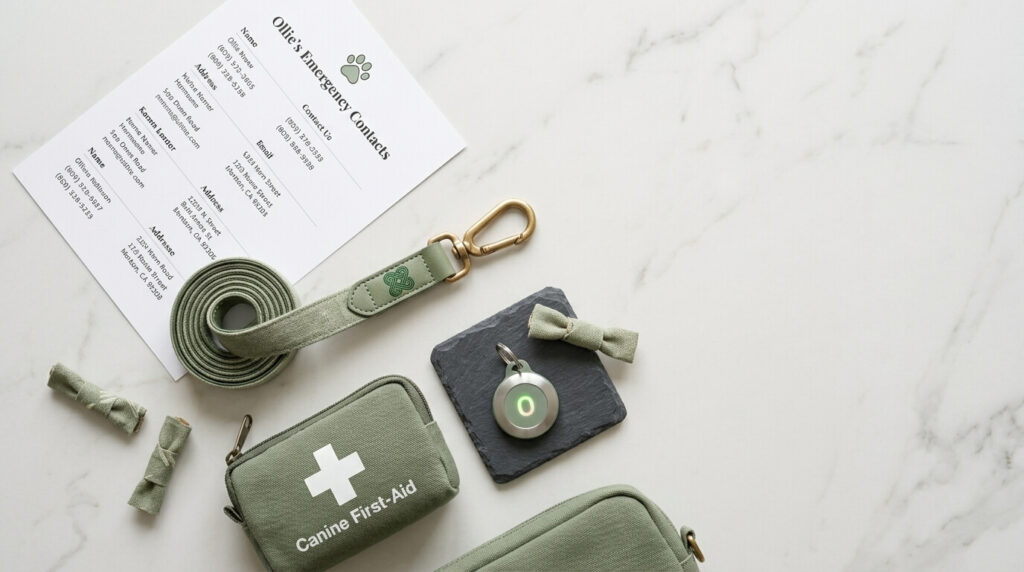 An organized emergency go-bag and contact sheet representing the best single person dog safety plan