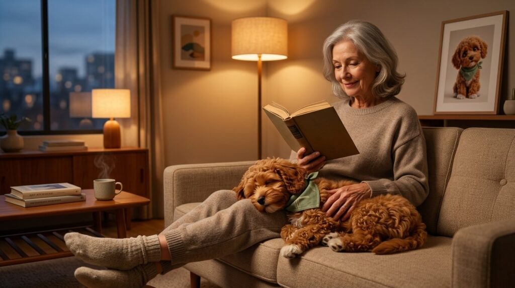 A solo owner and their dog relaxing safely at home after mastering single person dog safety