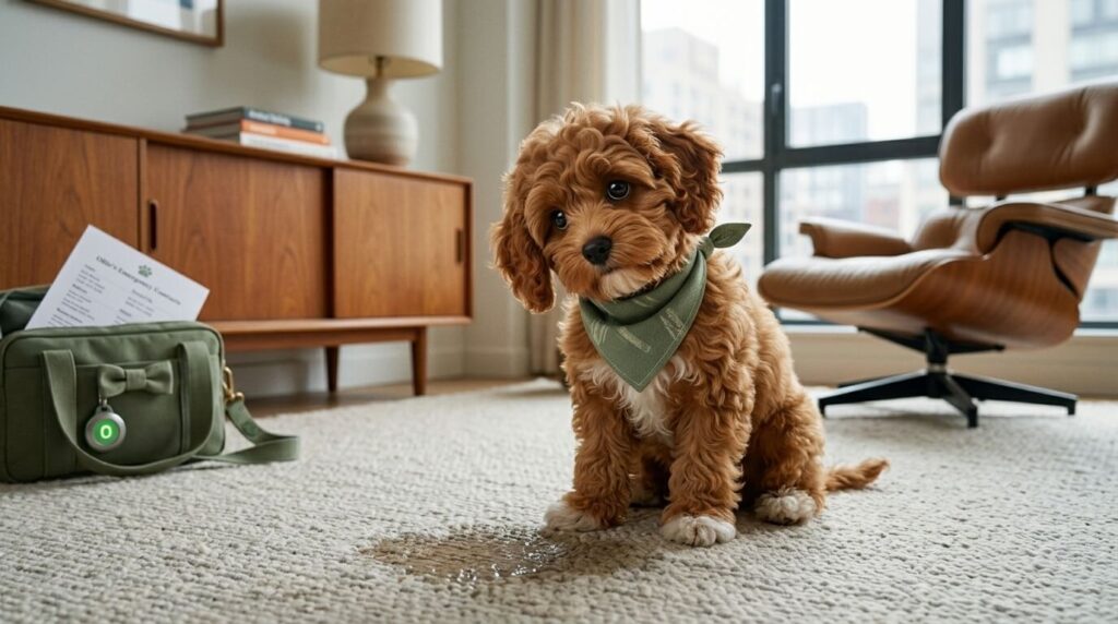 A Cavapoo sitting near a puddle on a rug exhibiting sudden dog potty training regression