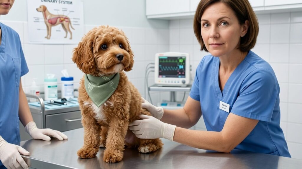 A veterinarian examining an adult dog to rule out medical causes for dog potty training regression