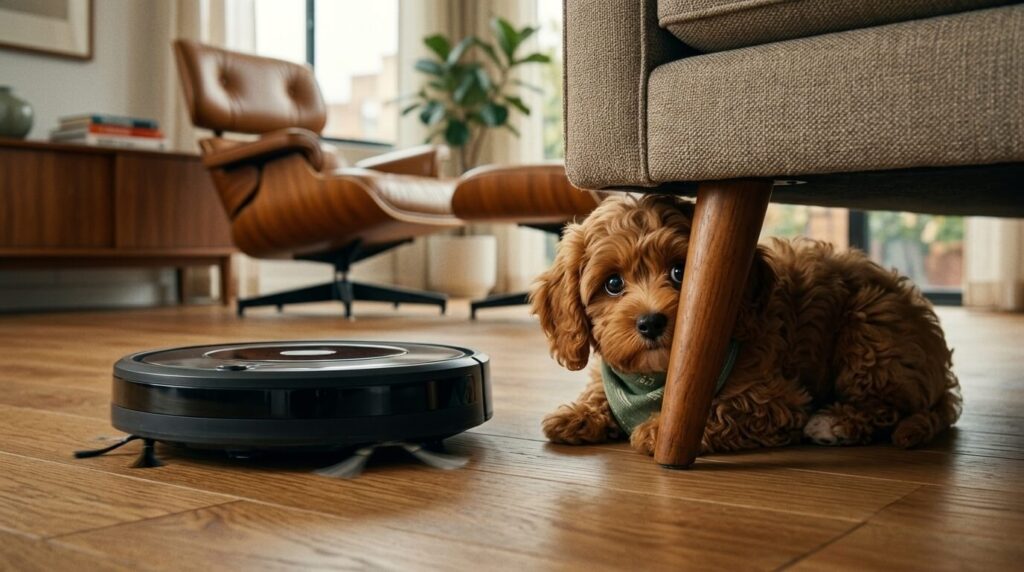 A Cavapoo puppy looking scared of a loud machine showing the need for a quiet robot vacuum for dogs