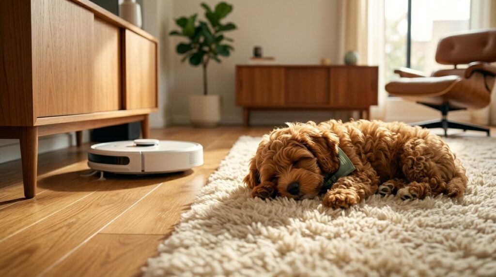 A puppy sleeping peacefully while a quiet robot vacuum for dogs cleans the apartment floor
