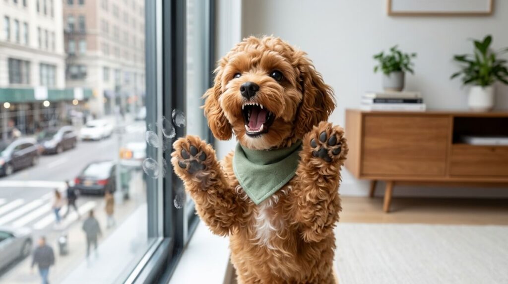 A Cavapoo puppy jumping on the glass illustrating the stress of a dog barking at window passersby